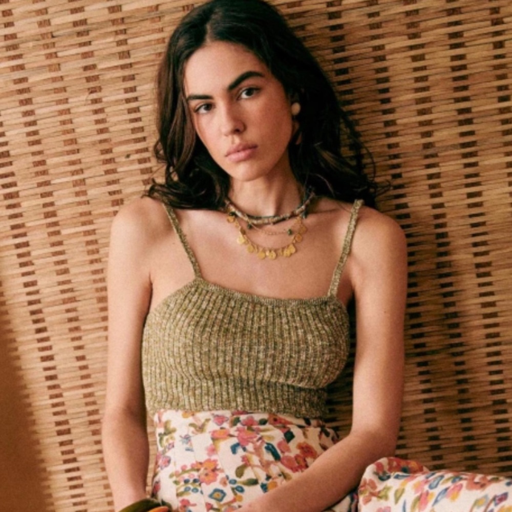 Sezane Magali Green thin strap Knit Fitted Cami Top green Brown Cream size XS